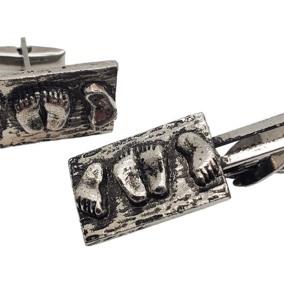 Retro Footprint Baby Feet Toes Cufflinks Tie Clip Bar Clasp Silver Tone Twins - Picture 10 of 10